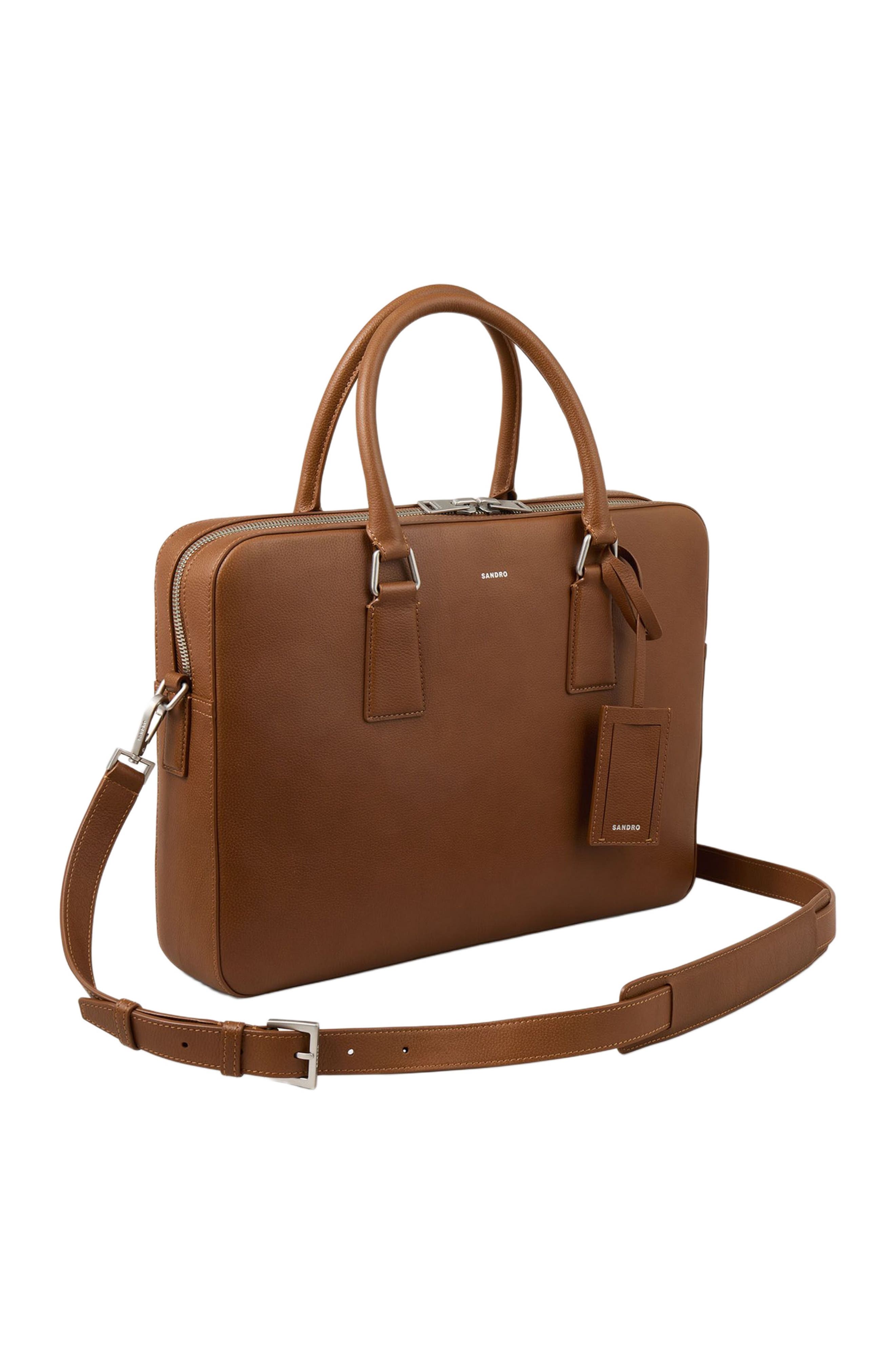 SANDRO Large grained leather briefcase, Alternate, color, Cognac