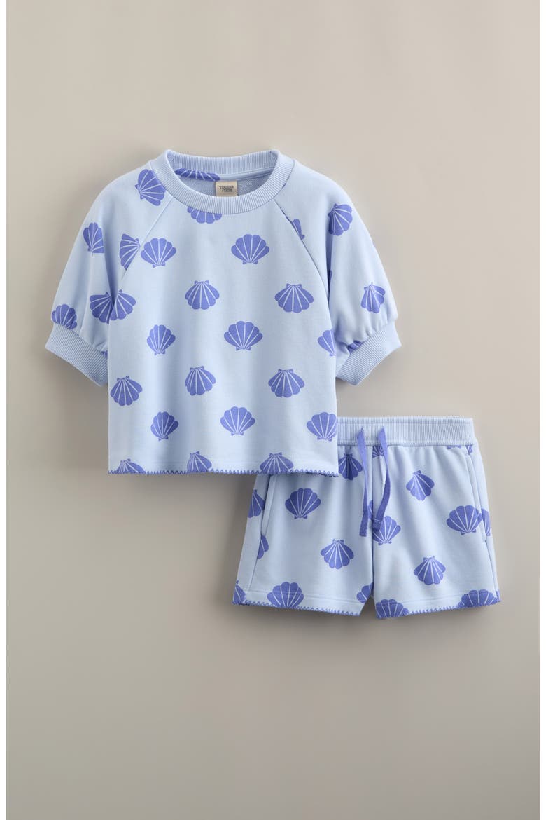 Kids' Short Sleeve Sweatshirt & Shorts, Main, color, BLUE HALOGEN SEASHELLS