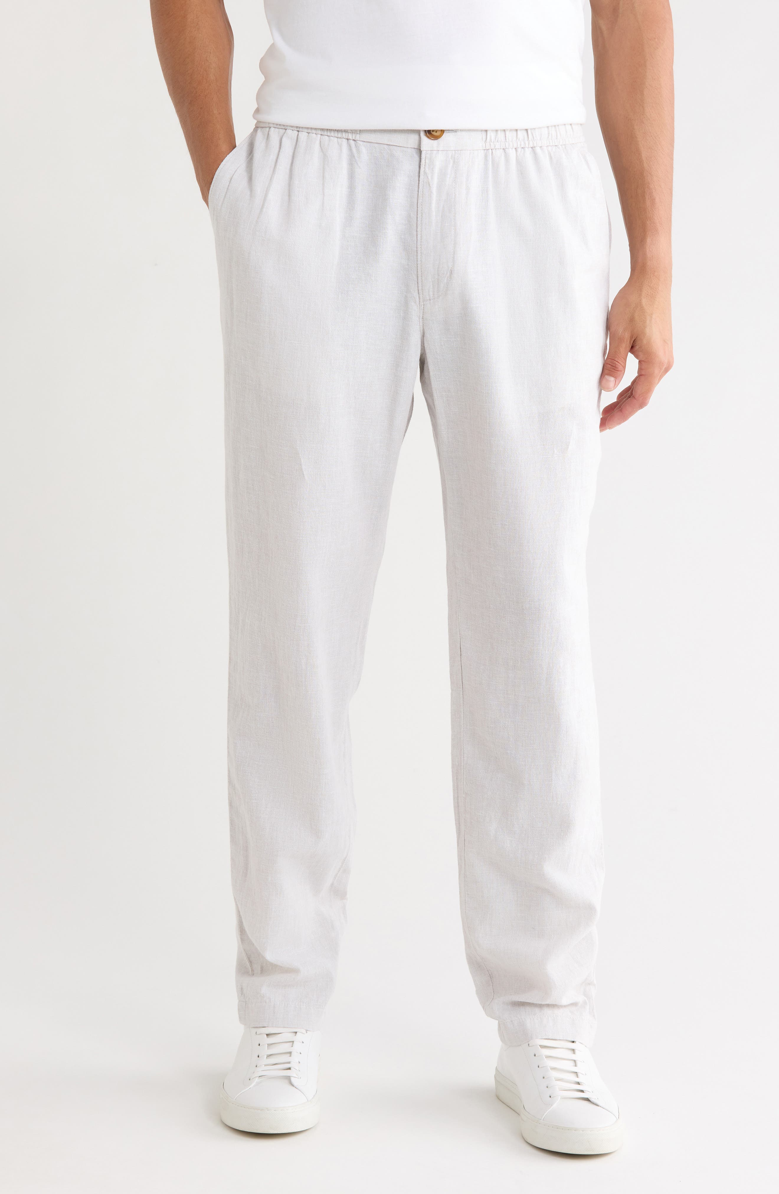 Elastic Waist Linen Blend Trim Fit Pants