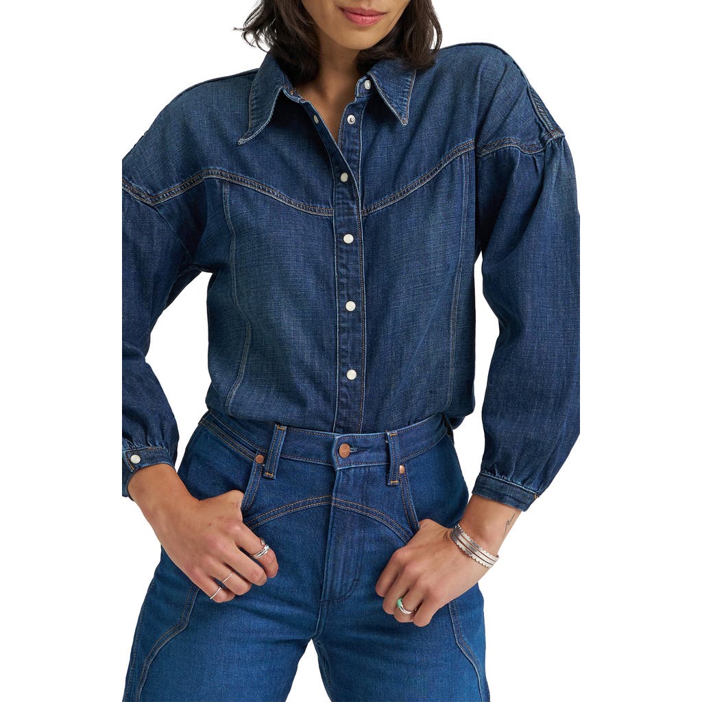 Wrangler Western Peplum Denim Snap-up Shirt In Blue