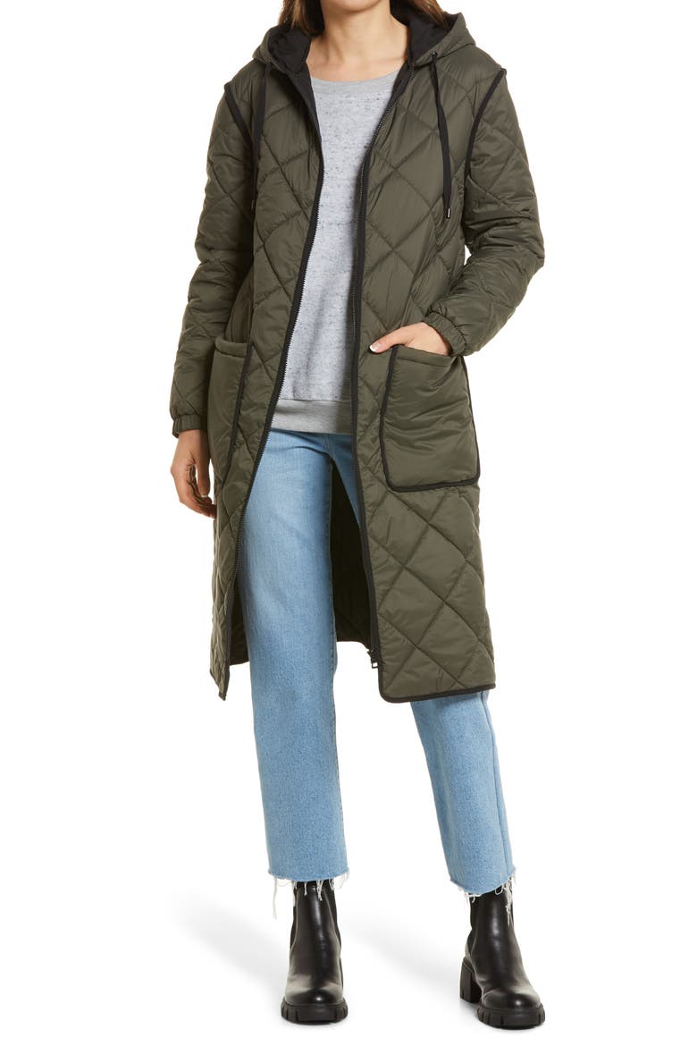 Long Hooded Quilted Coat, Main, color, OLIVE NIGHT