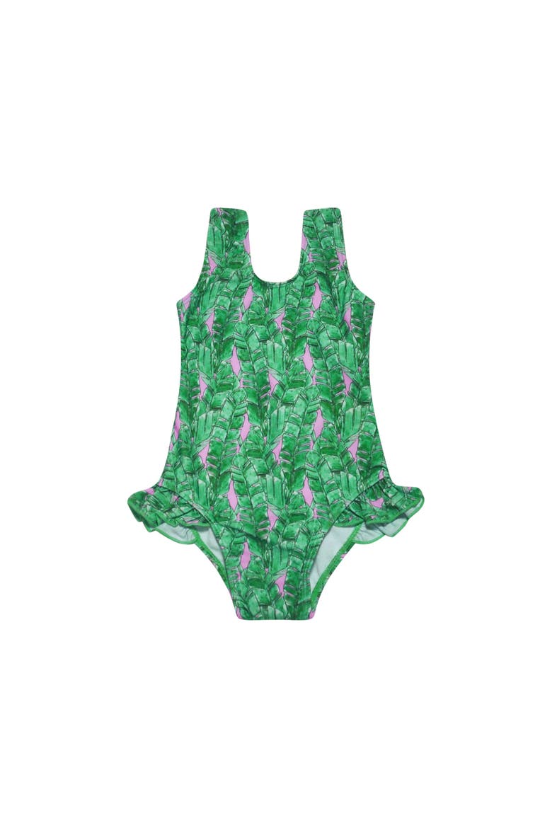 Infant & Toddlers Sun Protective UPF 50+ Delaney Hip Ruffle Swimsuit, Main, color, Tropical Fronds