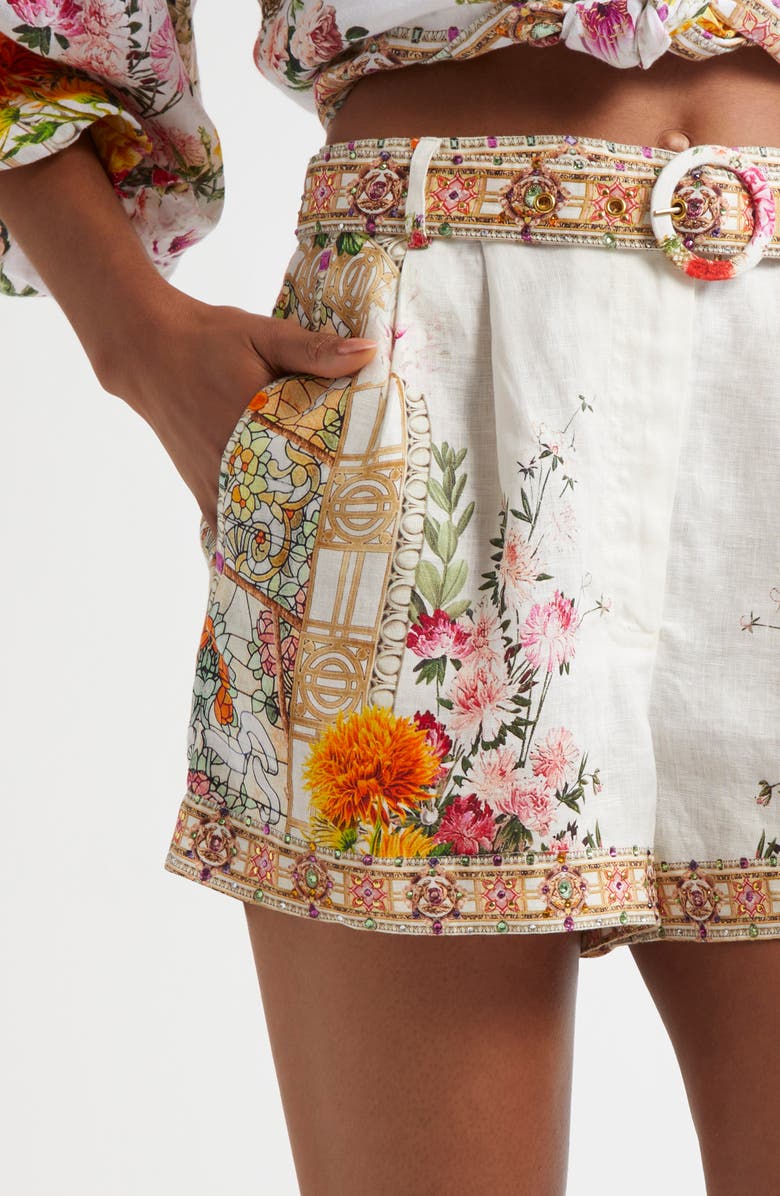 Camilla Egyptian Rose Print Belted Linen Shorts, Alternate, color, 