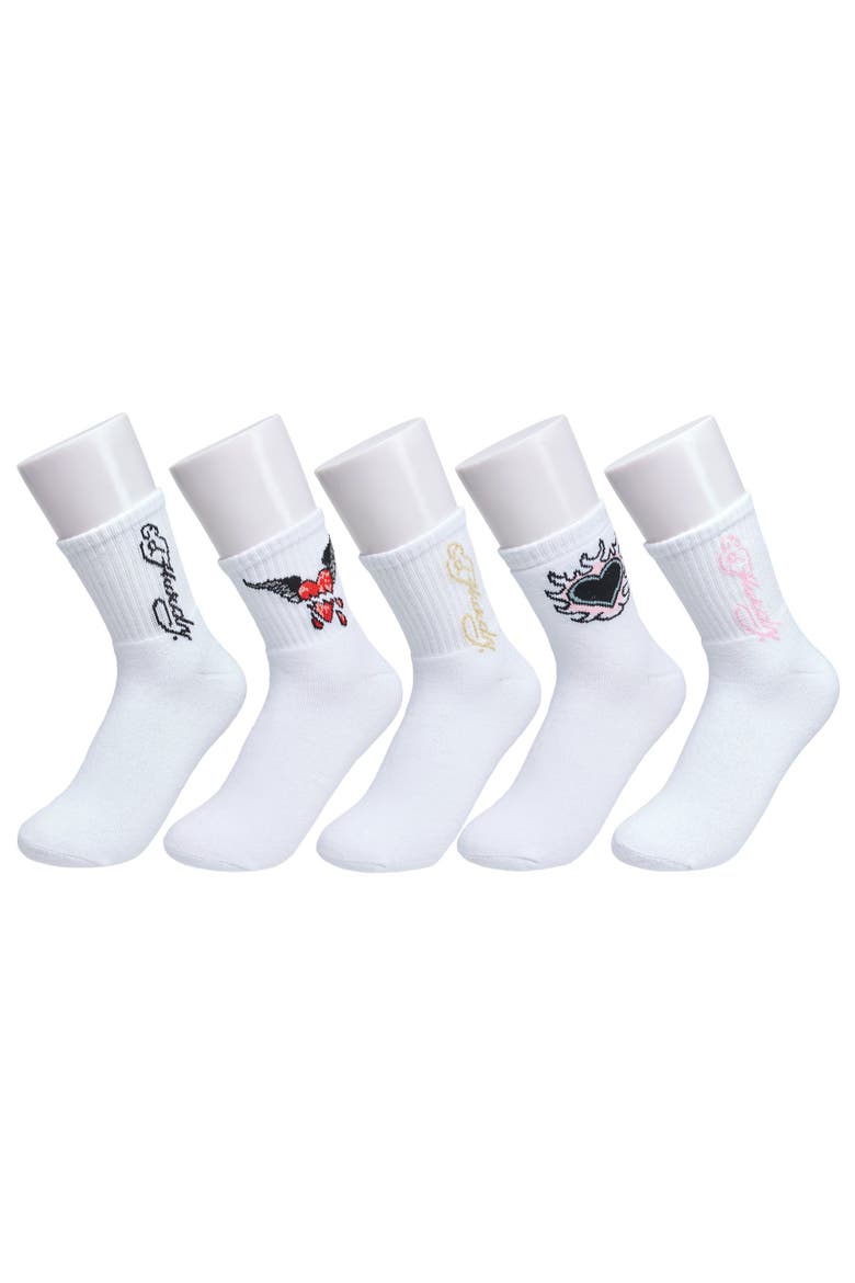 Heart Flame Print Full Cushion Mid Crew Sock 5-Pack, Main, color, White Multi