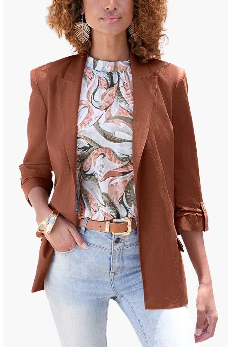 Open Front Linen Blazer, Main, color, Cognac