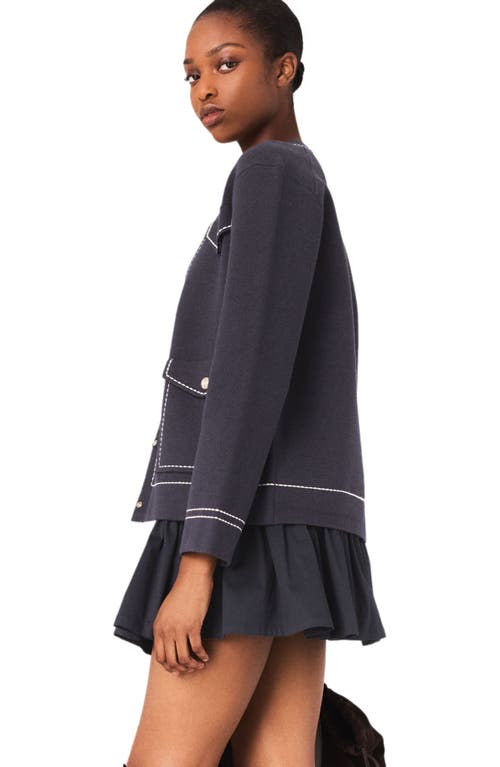 Maje Long Topstitched Knit Cardigan In Blue