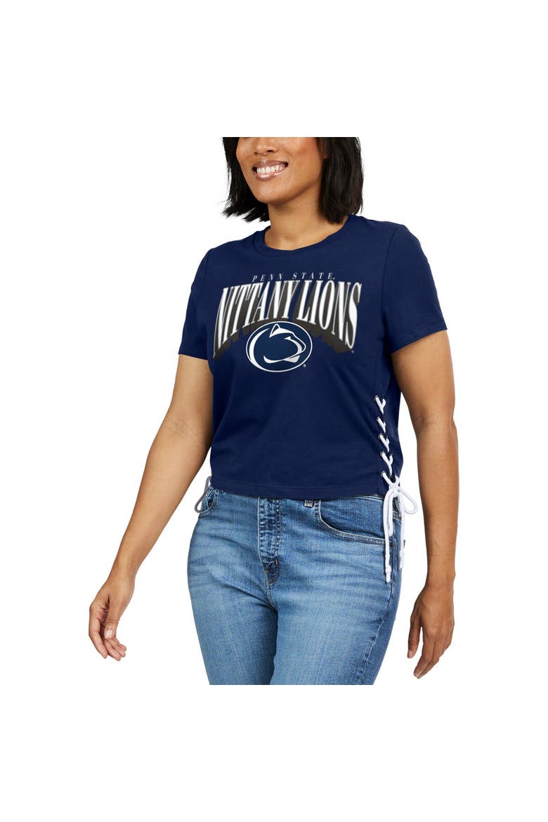 Women's WEAR by Erin Andrews Navy Penn State Nittany Lions Side Lace-Up Modest Crop T-Shirt, Alternate, color, Navy