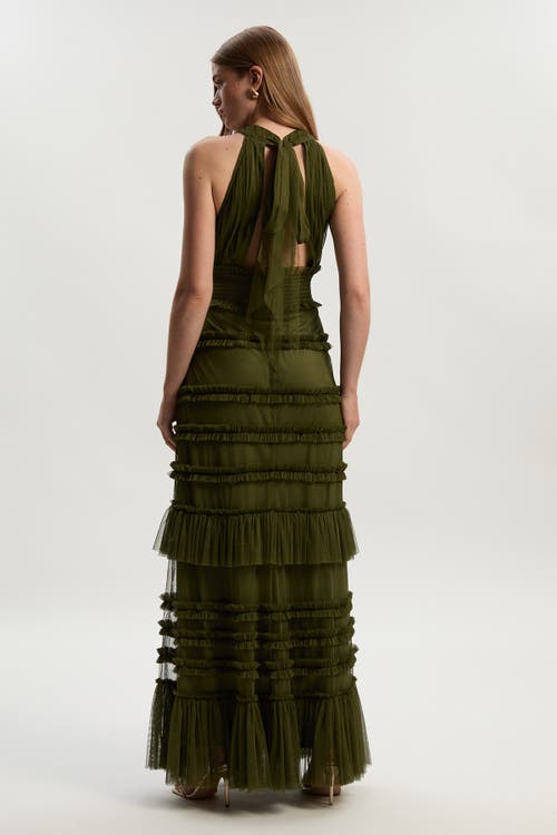 Karen Millen Tulle Layered Halter Neck Maxi Dress In Green