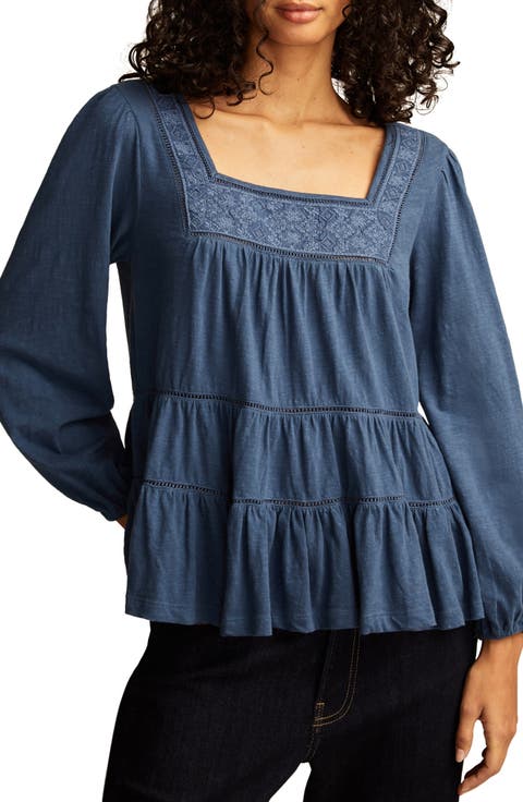 Embroidered Ruffle Cotton Peasant Top