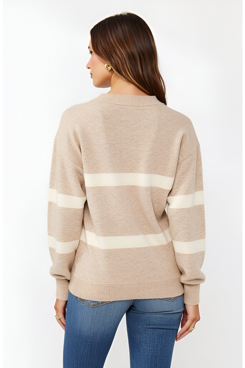 Striped V-Neck Drop-Shoulder Ribbed-Trim Sweater, Alternate, color, Beige / Cream