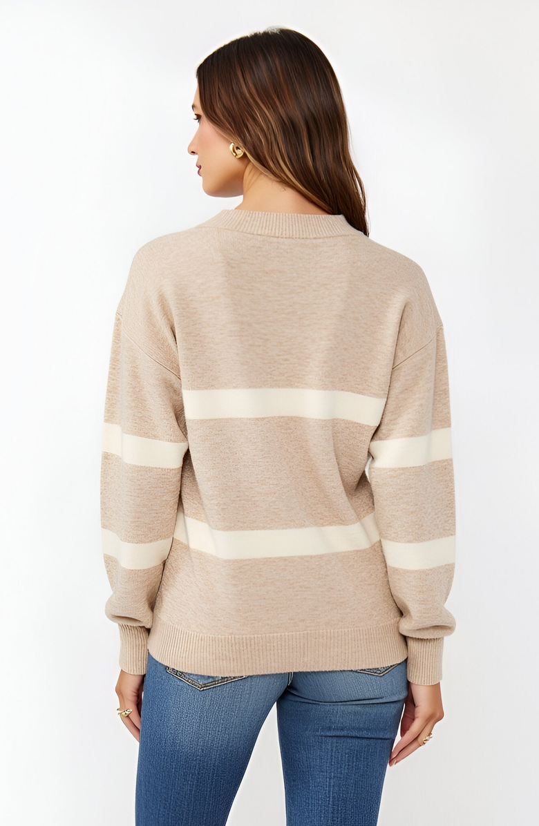 Modenaire Striped V-Neck Drop-Shoulder Ribbed-Trim Sweater, Alternate, color, Beige / Cream