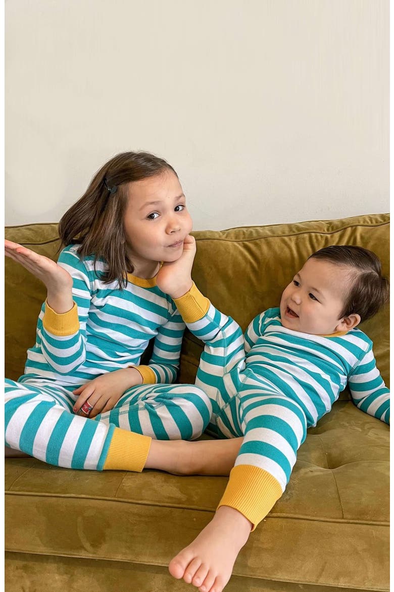 100% Organic Cotton Stripe Long Sleeve Snug Fit Kids Pajamas, Alternate, color, Teal Stripe