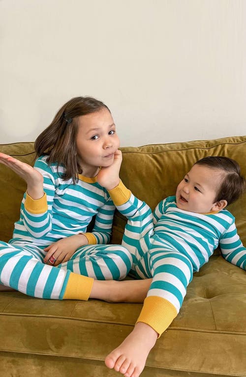 Shop Mightly 100% Organic Cotton Stripe Long Sleeve Snug Fit Kids Pajamas In Teal Stripe