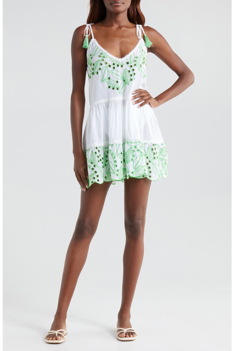 Makenzy Eyelet Tassel Strap Cover-Up Minidress, Main, color, WHITE/ PALM GREEN
