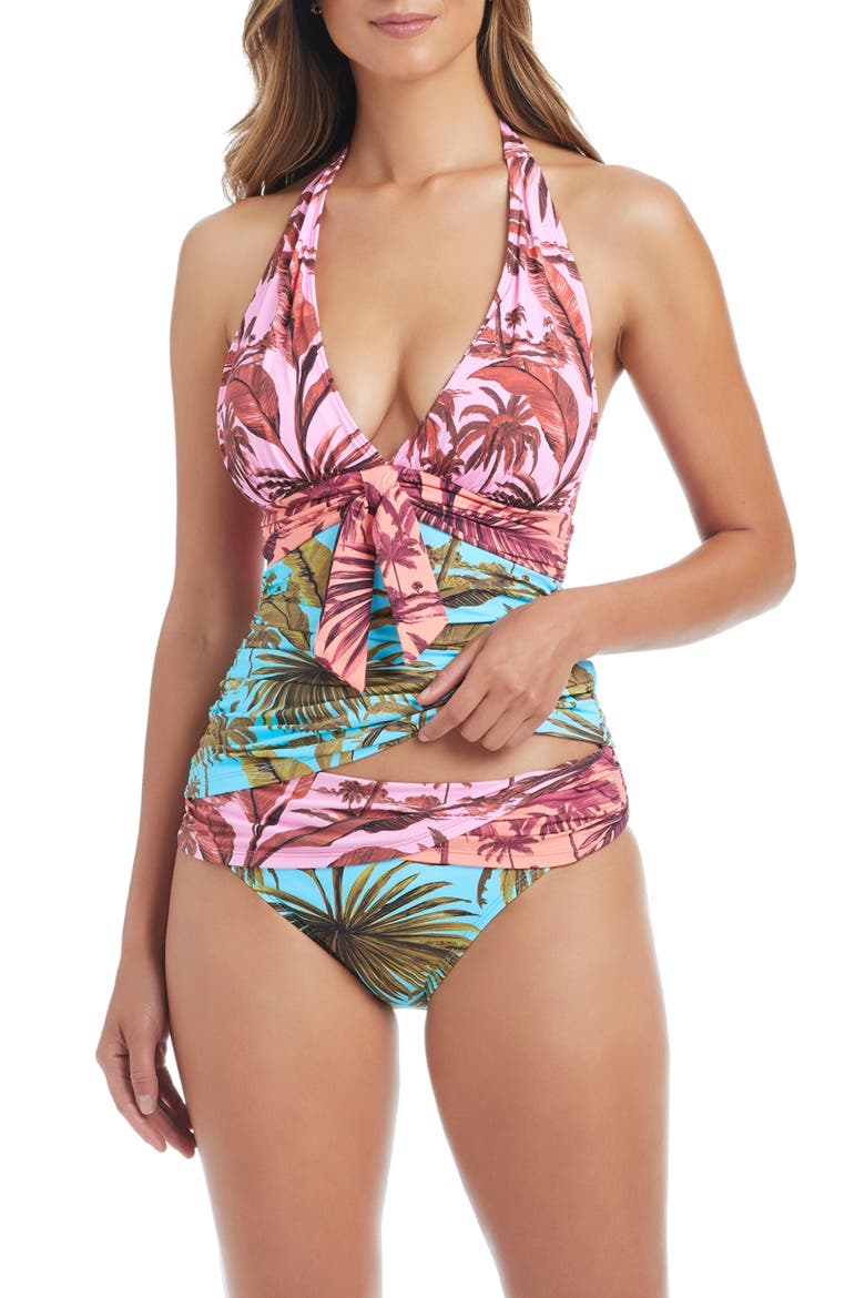 Halter Tankini Top, Alternate, color, TURQUOISE/ PINK MULTI