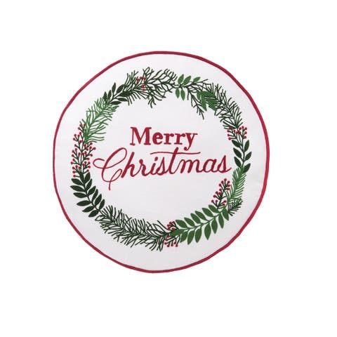 "Merry Christmas" Wreath Berries Round Cotton Blend Accent Pillow 18" x 18"