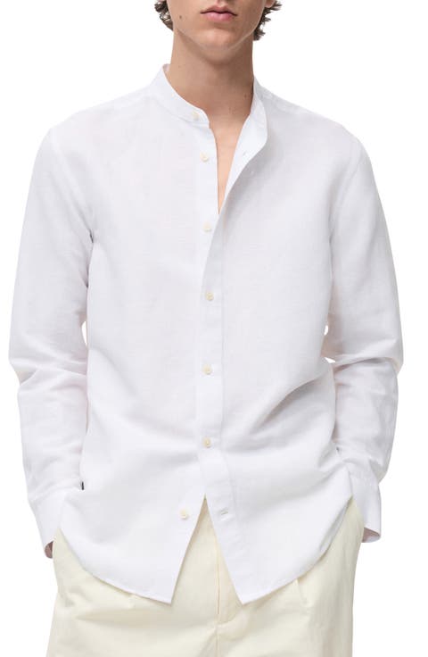 Band Collar Linen & Cotton Button-Up Shirt