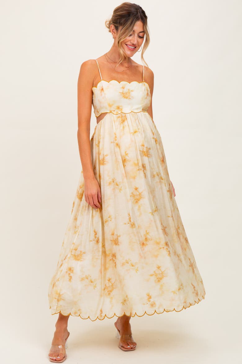 Faded Floral Scallop Edge Cutout Midi Dress, Main, color, Yellow