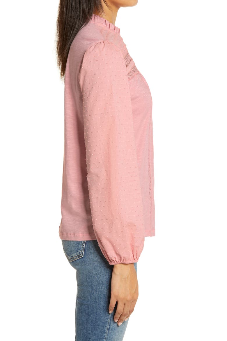 Pintuck Lace Detail Long Sleeve Cotton Blouse, Alternate, color, PINK BRIDE