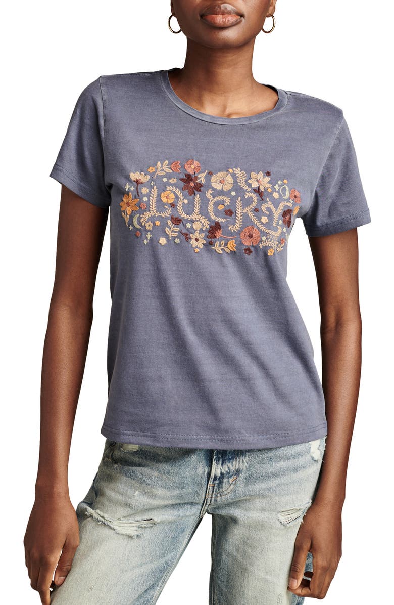 Lucky Brand Floral Embroidered Cotton Graphic T-Shirt, Main, color,