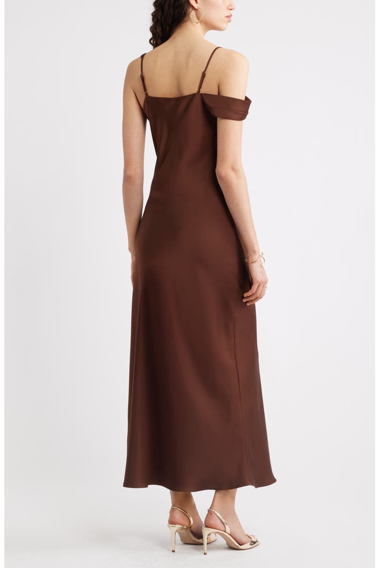 Off the Shoulder Satin Maxi Dress, Alternate, color, BROWN BITTER