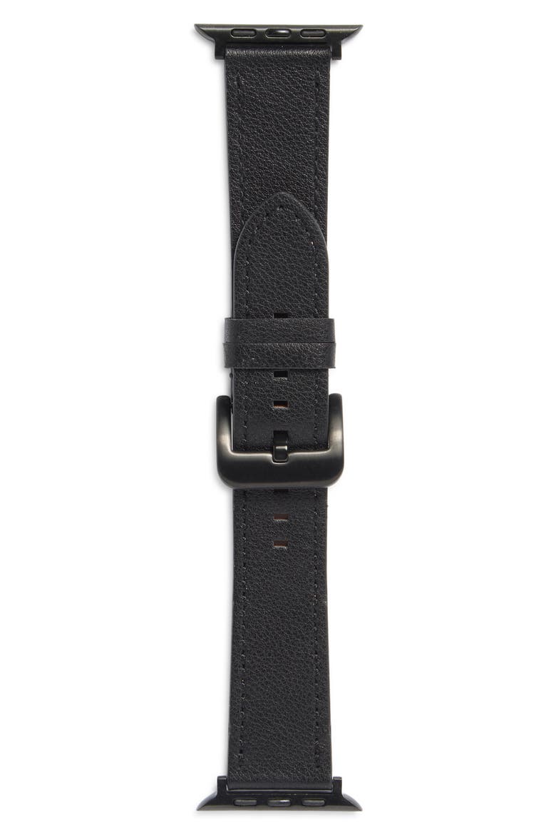 Wide Leather Apple Watch® Watchband, Alternate, color, BLACK- SILVER