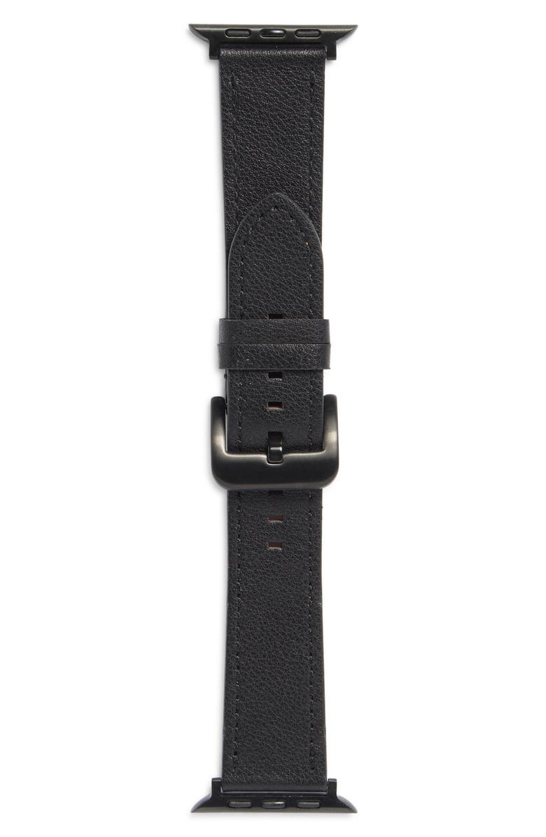 NORDSTROM RACK Wide Leather Apple Watch<sup>®</sup> Watchband, Alternate, color, Black- Silver