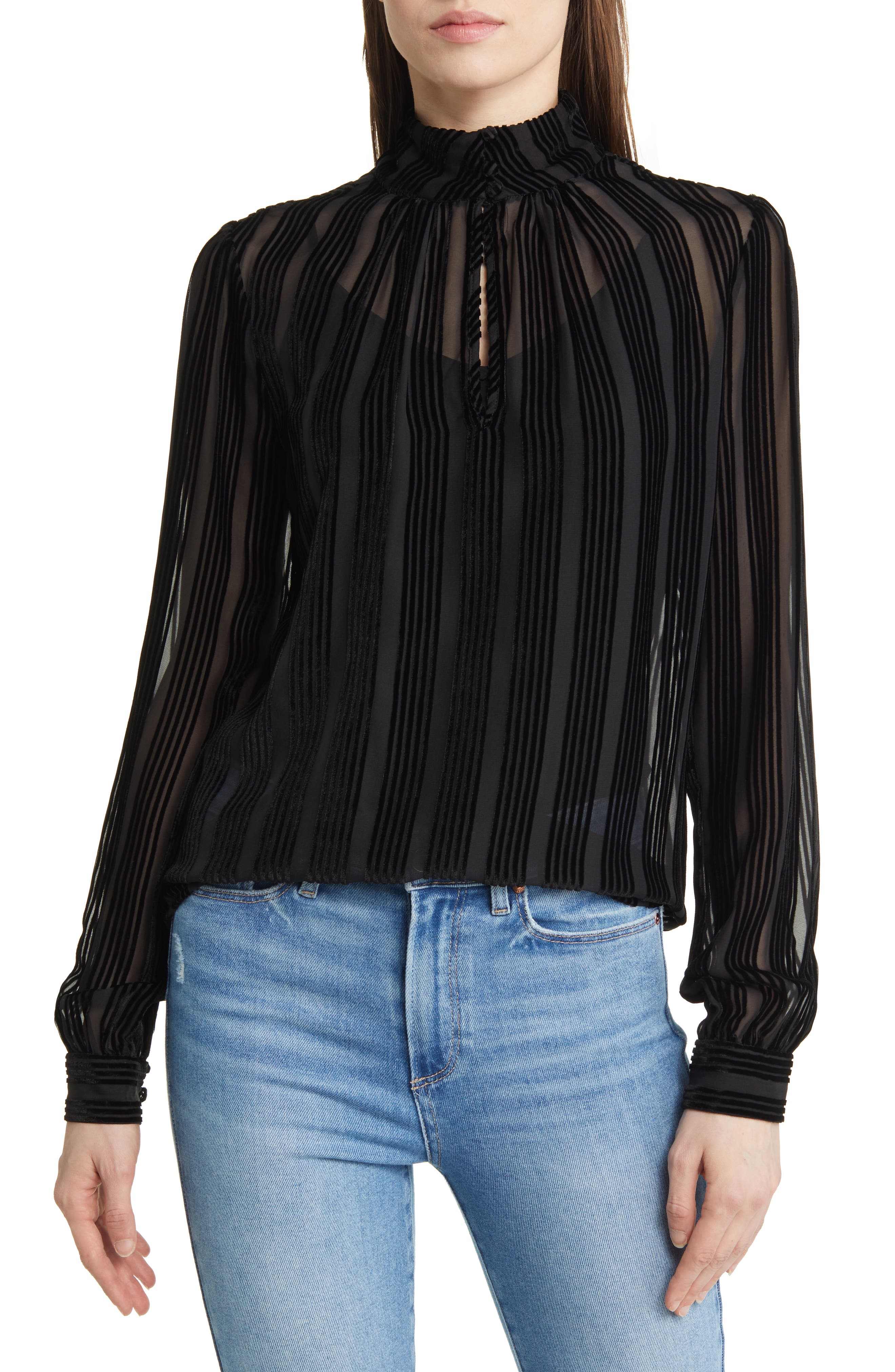 Bryla Stripe Burnout Velvet Mock Neck Blouse