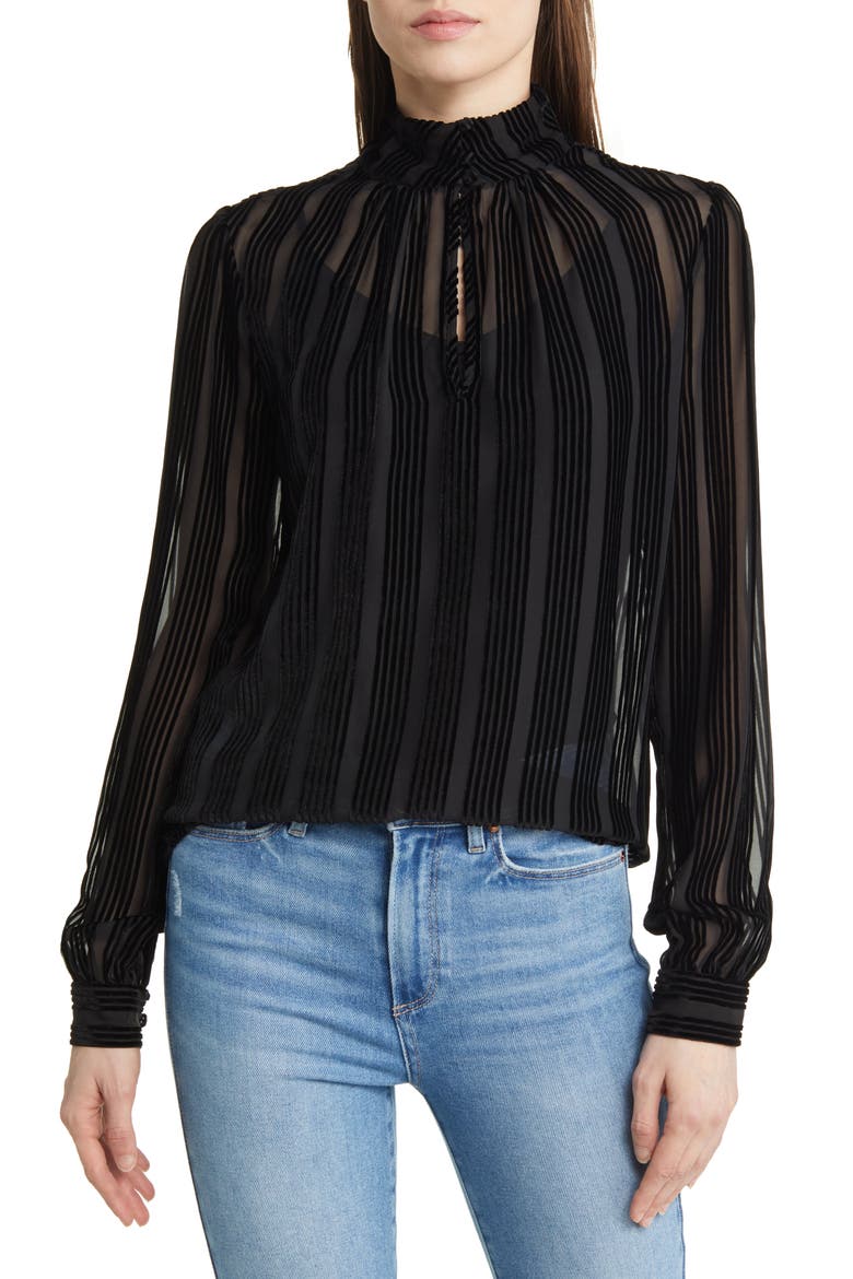 Bryla Stripe Burnout Velvet Mock Neck Blouse, Main, color, BLACK