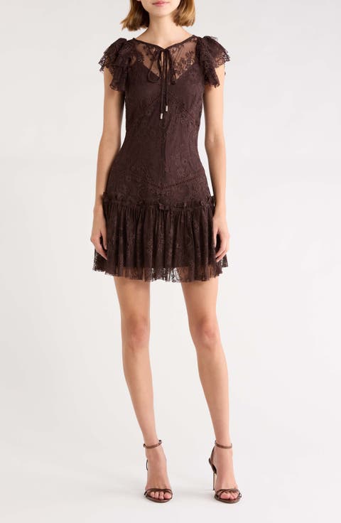 Flutter Sleeve Drop Waist Lace Minidress