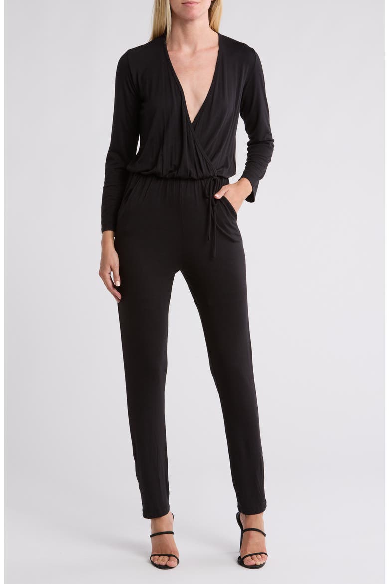 Long Sleeve Tie Waist Jumpsuit, Main, color, BLACK