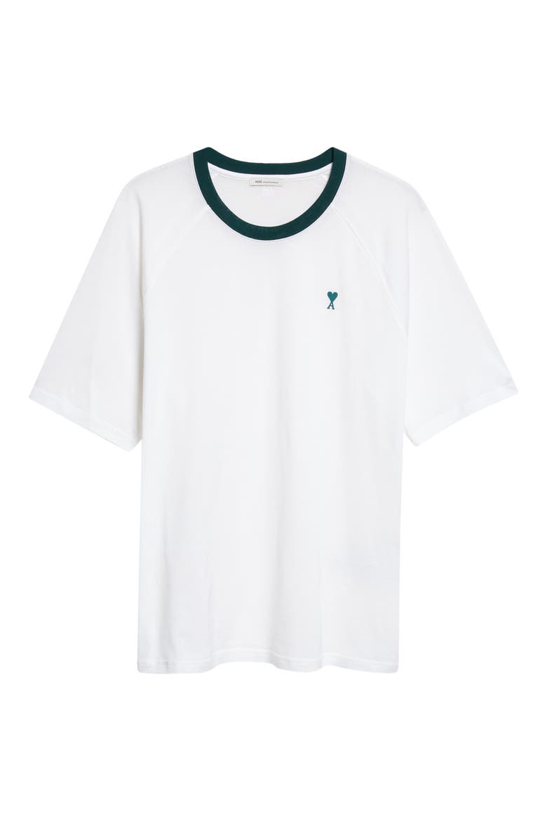 Ami de Coeur Embroidered Cotton Ringer T-Shirt, Alternate, color, BLANC NATUREL/ VERT SAPIN