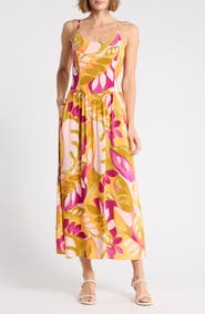 Halogen® Print Drop Waist Smocked Back Dress