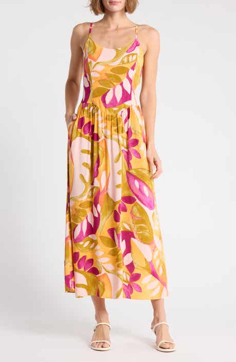Print Drop Waist Smocked Back Dress