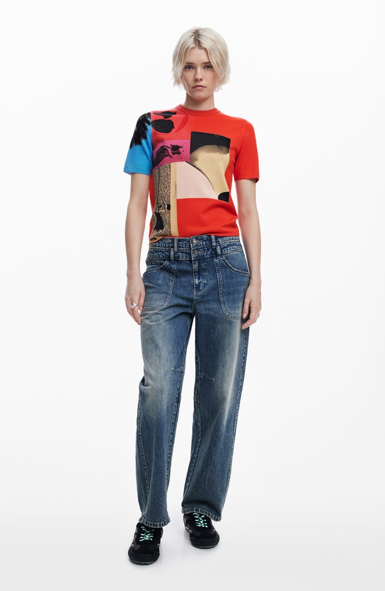 Desigual Collage Print Short Sleeve Knit Top, Alternate, color, 
