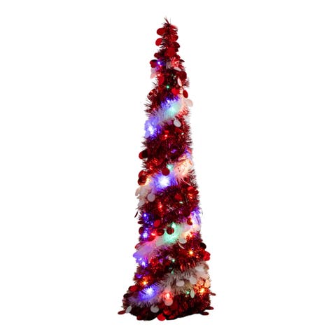 4-ft Pre-Lit Pop up Red 
White Tinsel Christmas Tree with 50 Mutlicolored LED Lights