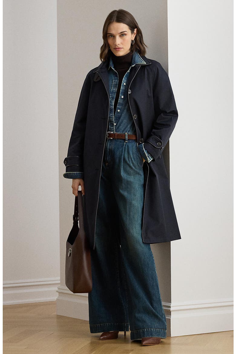 Balmacaan Single Breasted Raincoat with Faux Leather Trim, Alternate, color, DK NAVY