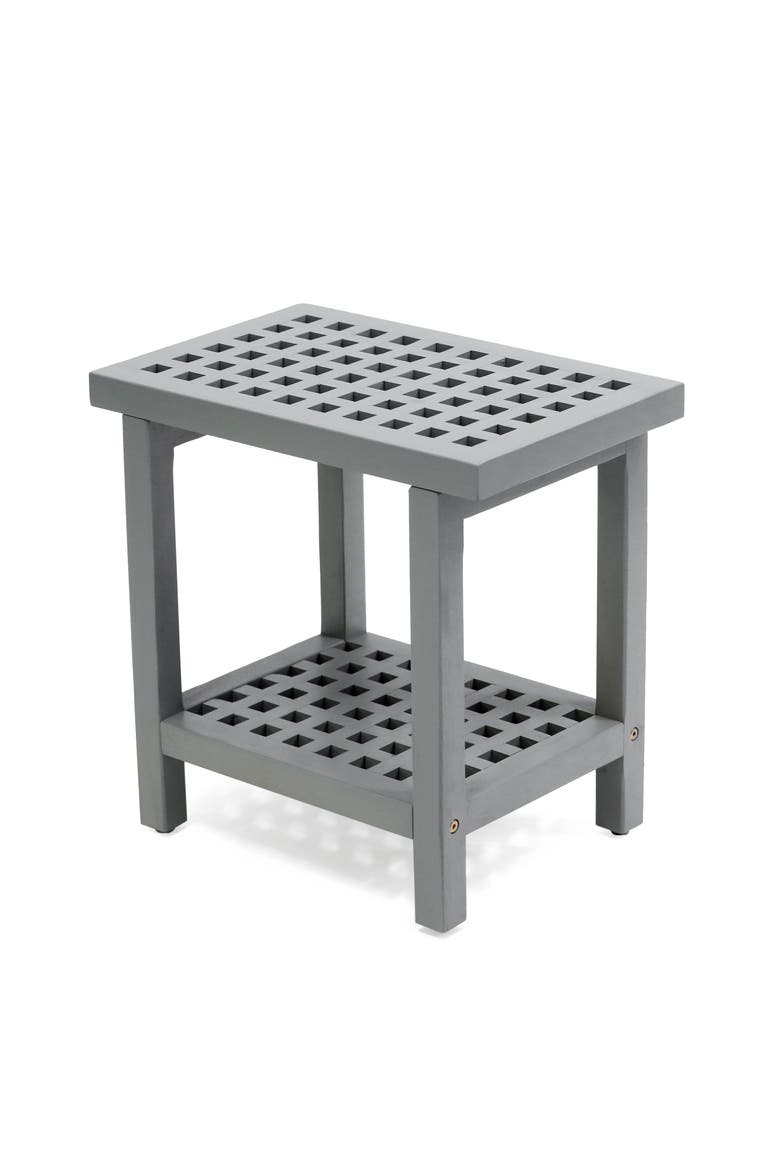 Armin Modern Acacia Wood Shower Stool with Storage Shelf, Heavy Duty Slatted Bath Spa Bench for Bathroom, Shower Entryway, Main, color, Gray