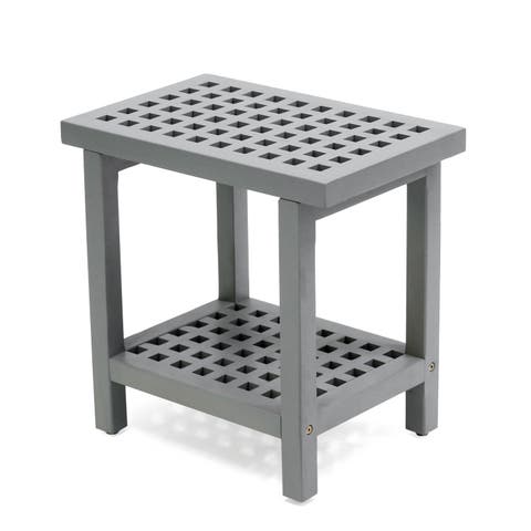 Armin 18.1" Modern Classic Grid Slat Solid Acacia Wood Indoor/Outdoor Shower Stool
