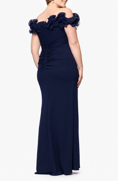 Xscape Evenings Ruffle Scuba Knit Sheath Gown In Blue