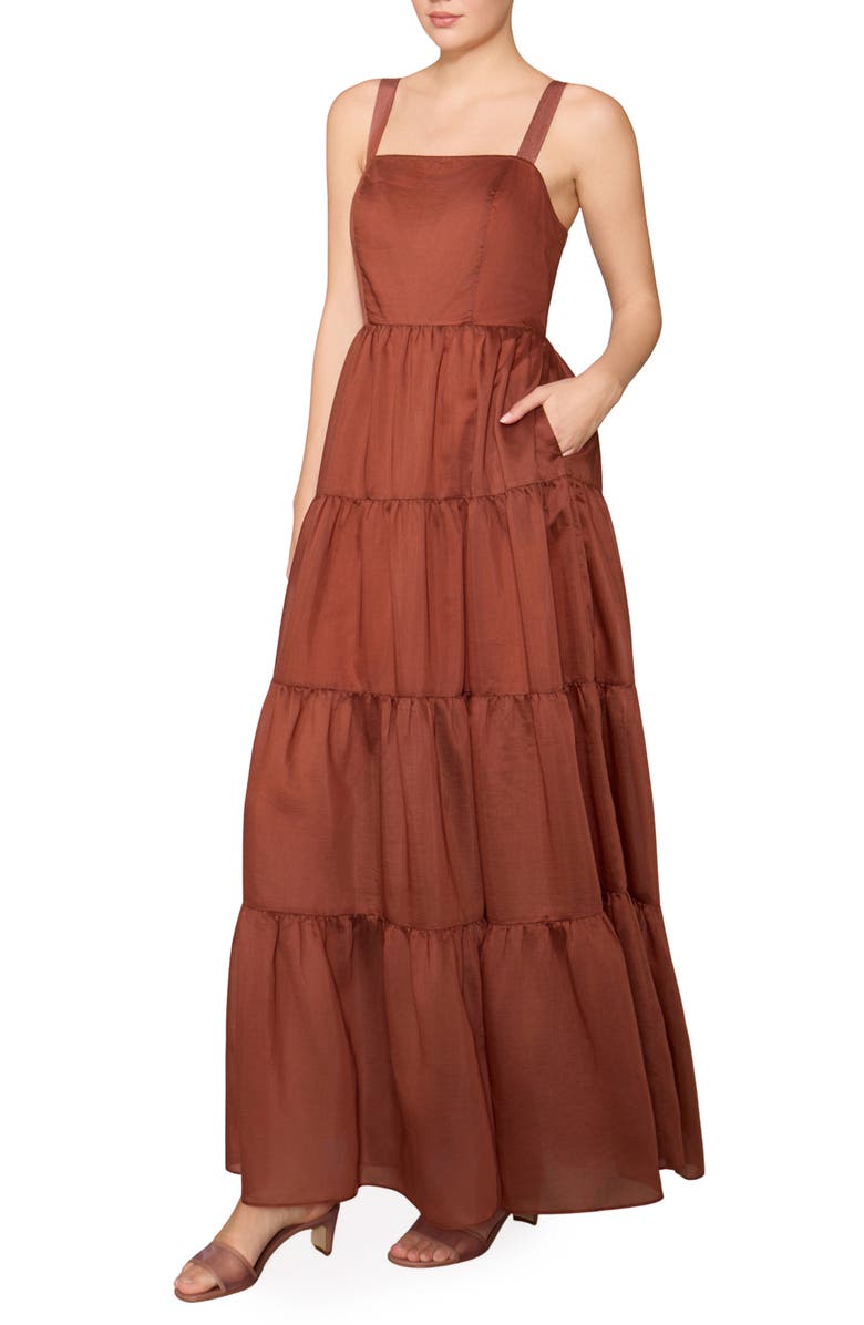 MELLODAY Tiered Satin Maxi Dress, Alternate, color, Rust