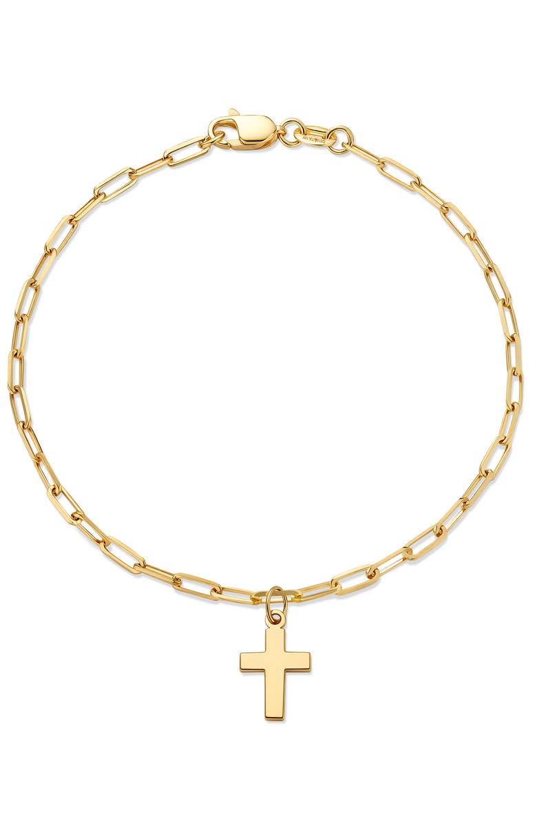 DEVATA Cross Charm Paperclip Chain Bracelet in 14K Gold, Main, color, Yellow Gold