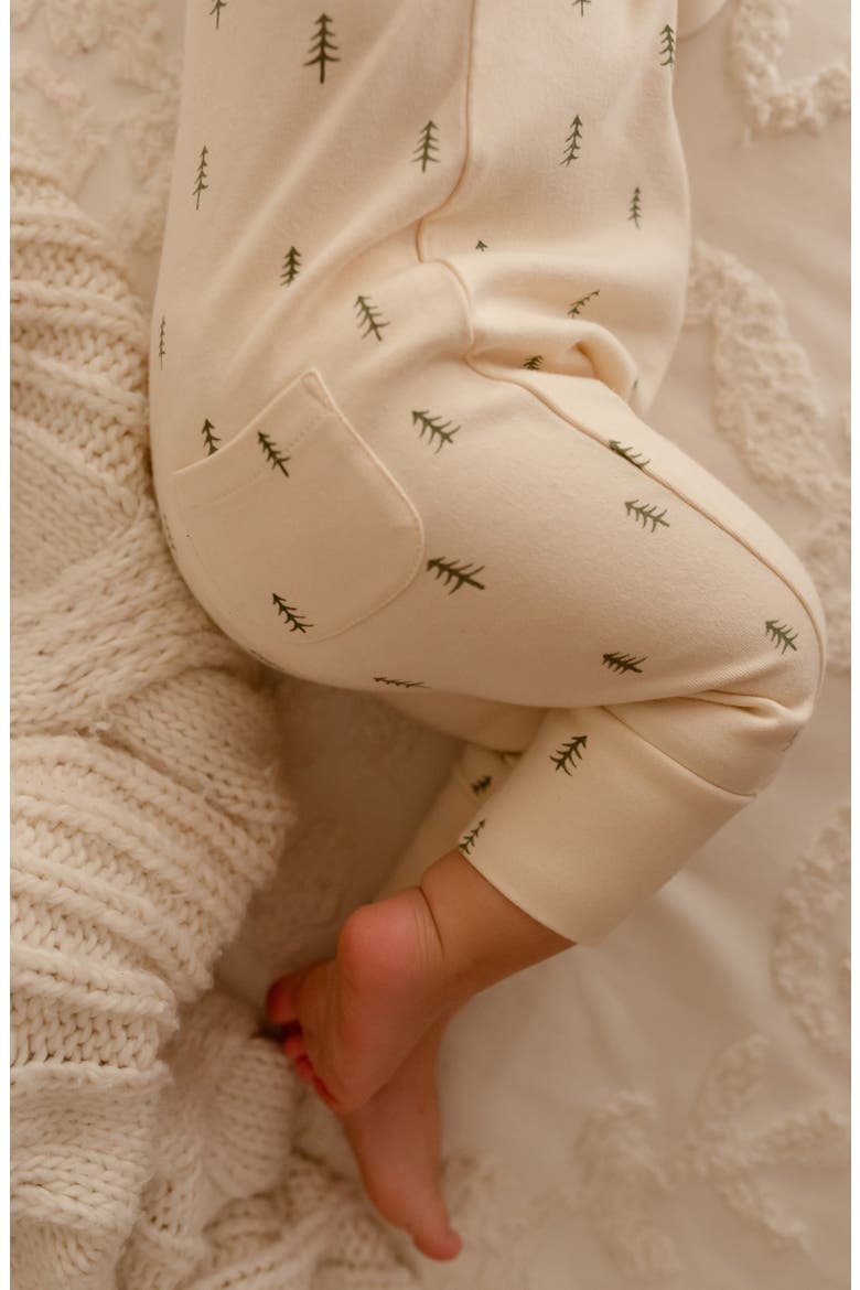 Print Organic Cotton Hooded Romper, Alternate, color, BUTTERCREAM TREE