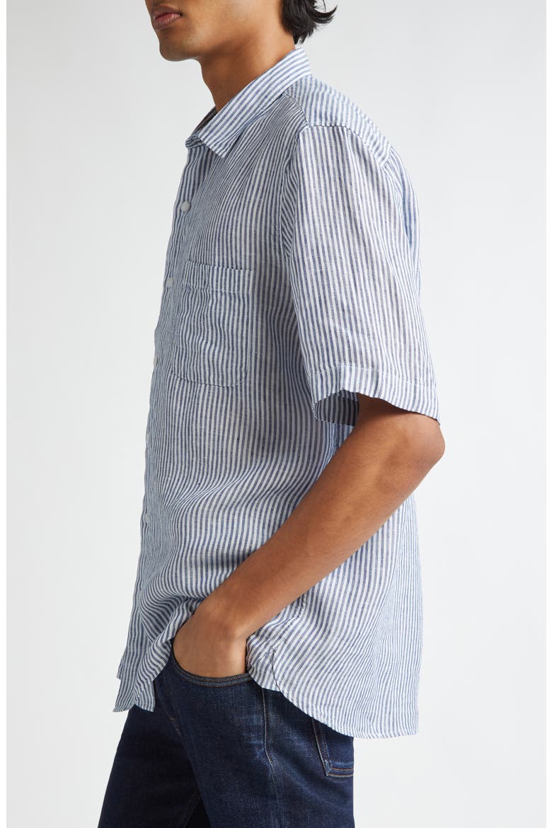 Stripe Short Sleeve Linen Button-Up Shirt, Alternate, color, NAVY/ WHITE LINEN STRIPE
