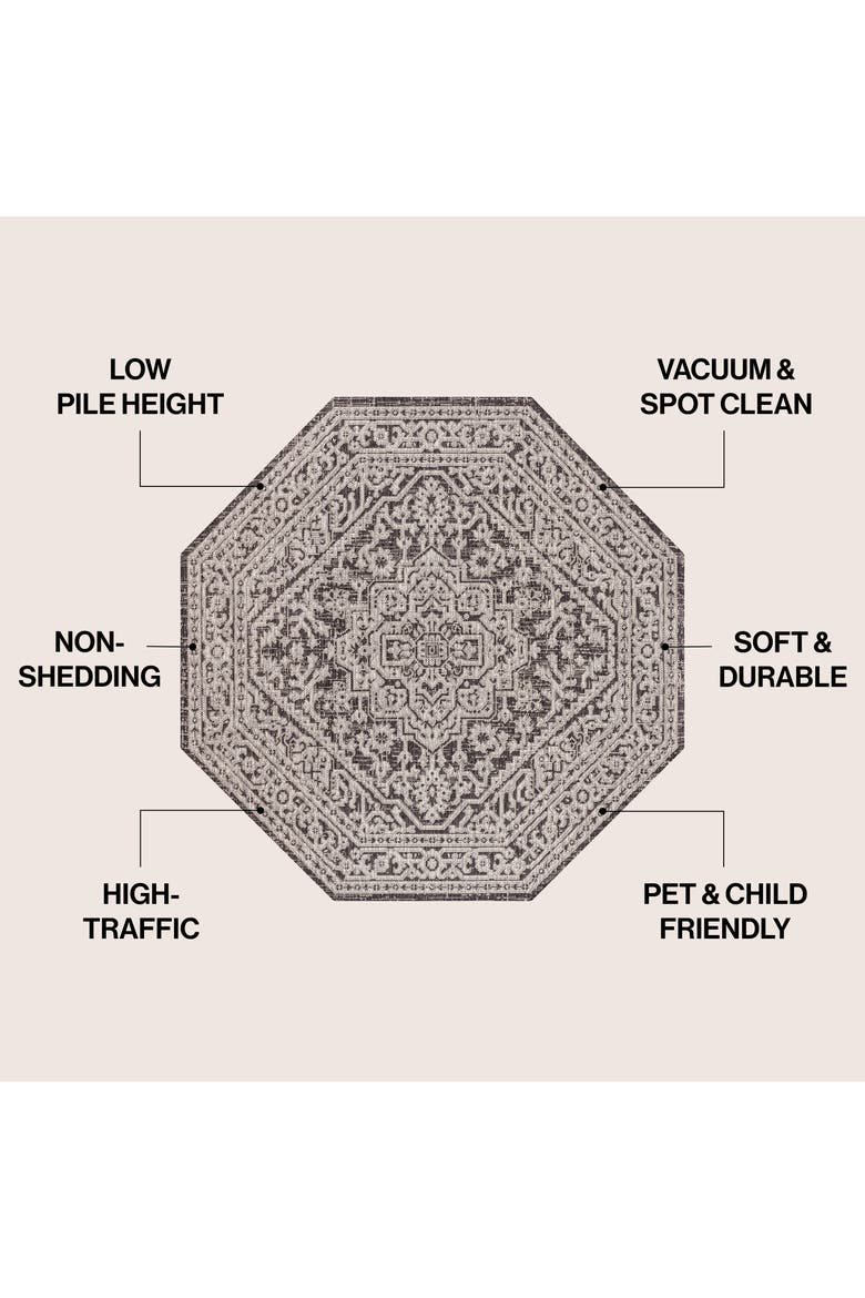 Sinjuri Medallion Textured Weave Octagon Indoor/Outdoor Area Rug, Alternate, color, Gray/Black