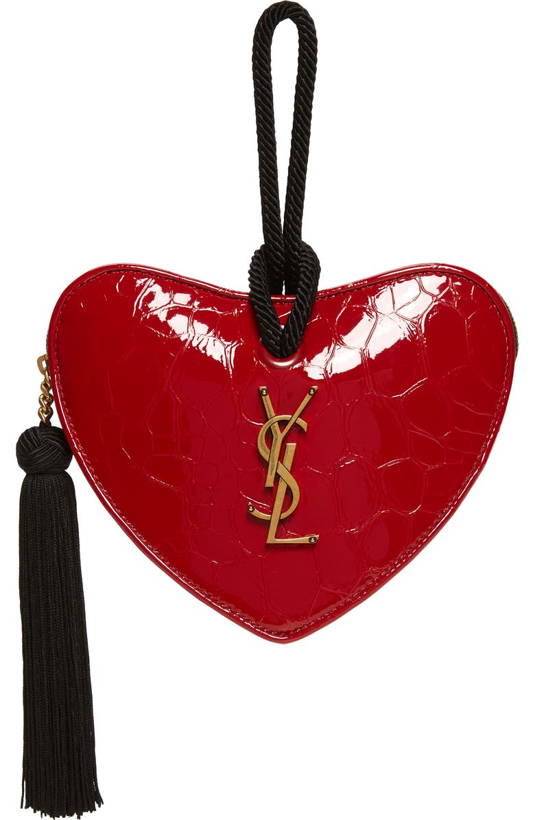 Saint Laurent Sac Coeur Croc Embossed Heart Shaped Clutch, Main, color,