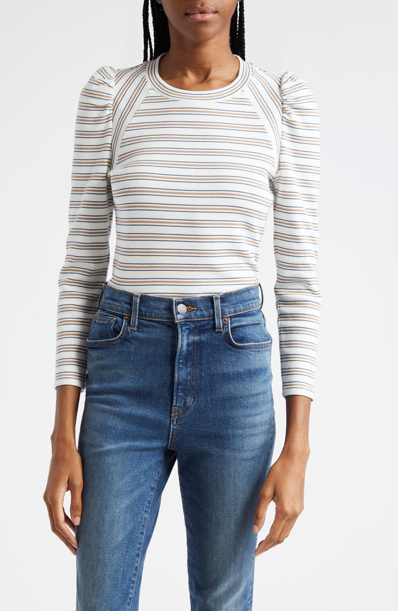 Veronica Beard Delano Stripe Puff Shoulder Stretch Cotton Rib Top, Main, color,