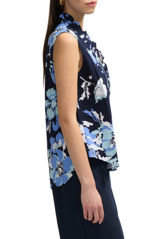 Ellen Tracy Ruffle Sleeveless Button-up Shirt In Navy Bouquet