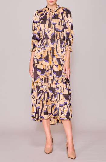 Melloday Three-quarter Sleeve Satin Midi Dress