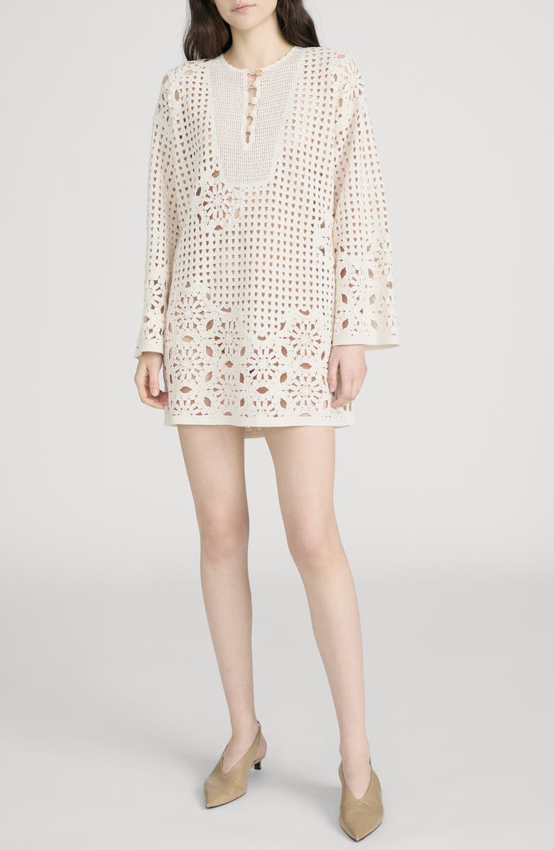 FRAME The Postcard Open Stitch Long Sleeve Cotton Minidress, Main, color, Cream